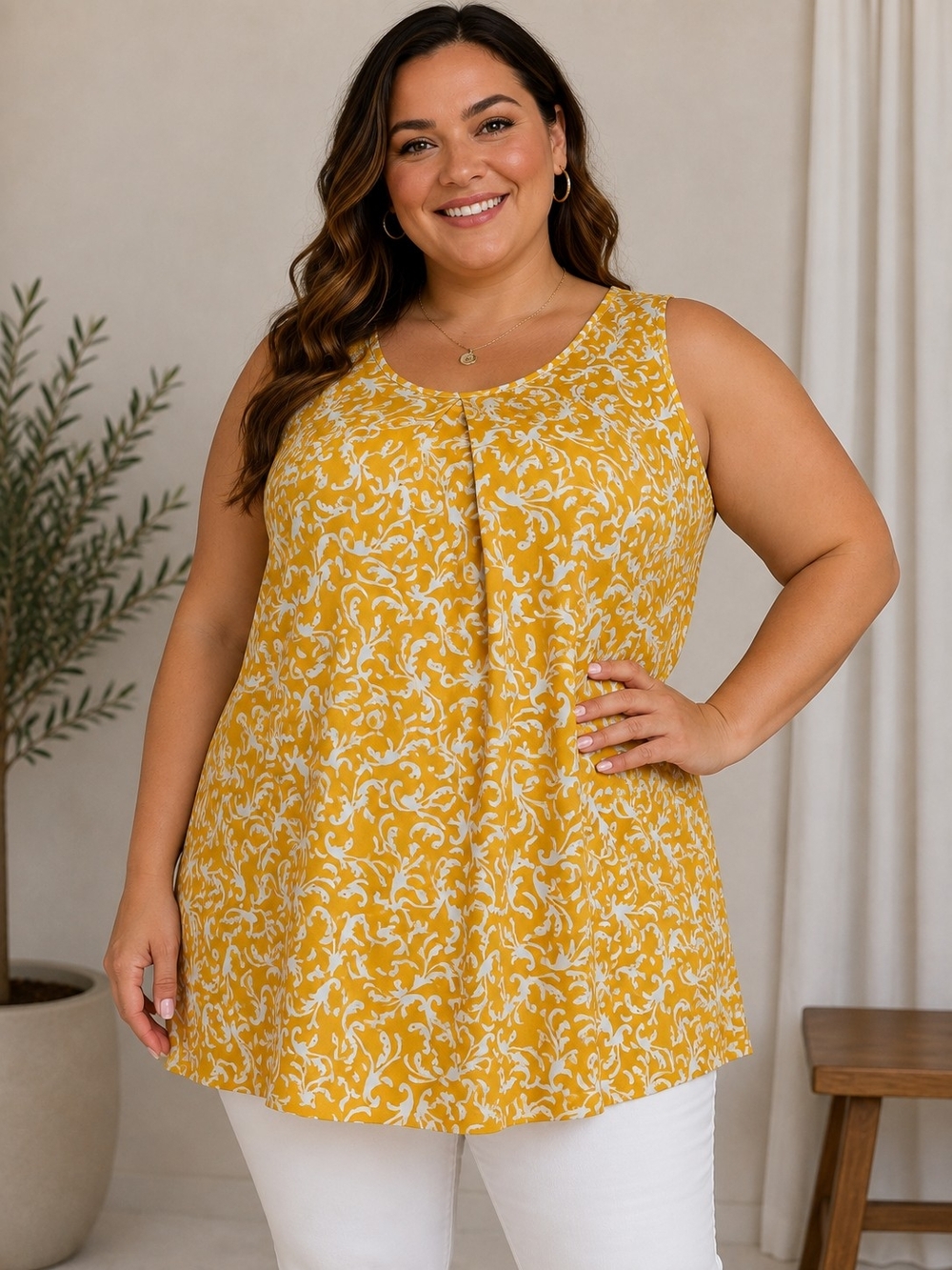 Stitchwurks Los Angeles Mustard/White Scroll Print Sleeveless Plus Size Blouse